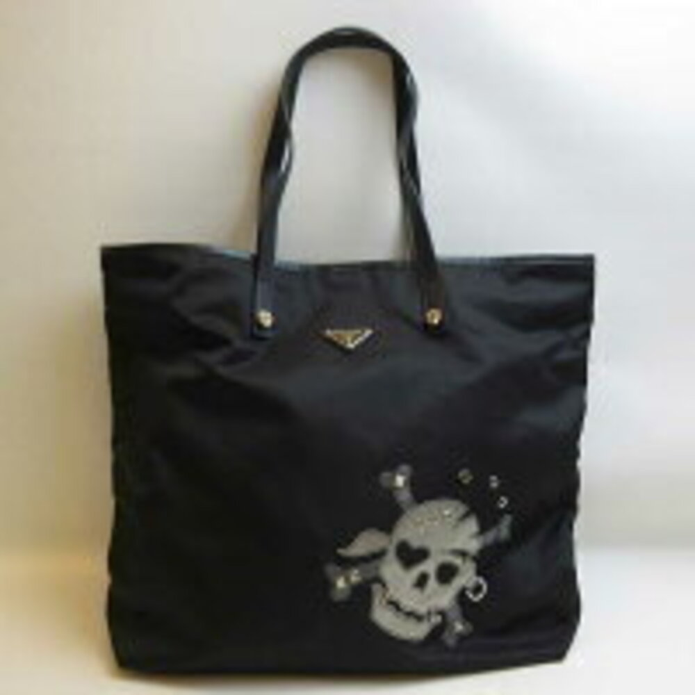 Prada Tote Bag Nero Black Triangle Logo Skull Motif Studs Tessuto